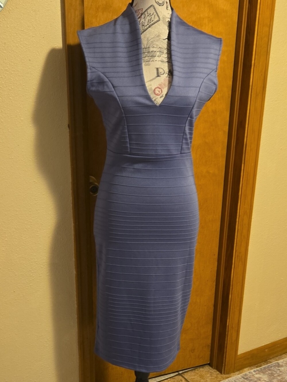 Love J Sleeveless V-Neck Midi Bodycon Dress in Dusty Blue